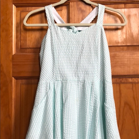 Girls Size 16 Rare Editions Seersucker Blue Striped Lined Sleeveless Dress Bow - Picture 2 of 10